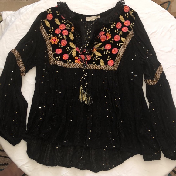 Country bohemian sequin floral embroidered tunic top - Picture 2 of 8